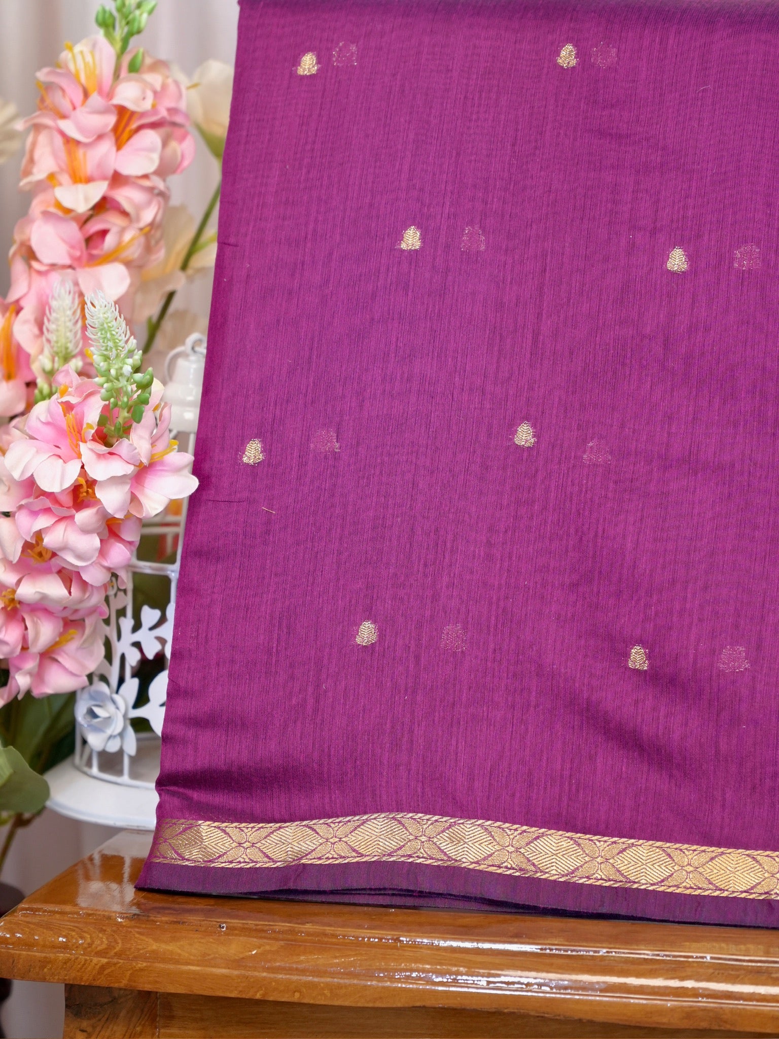 Magenta Purple & Charcoal Black Banarasi Soft Cotton Silk Saree with Zari Buttis