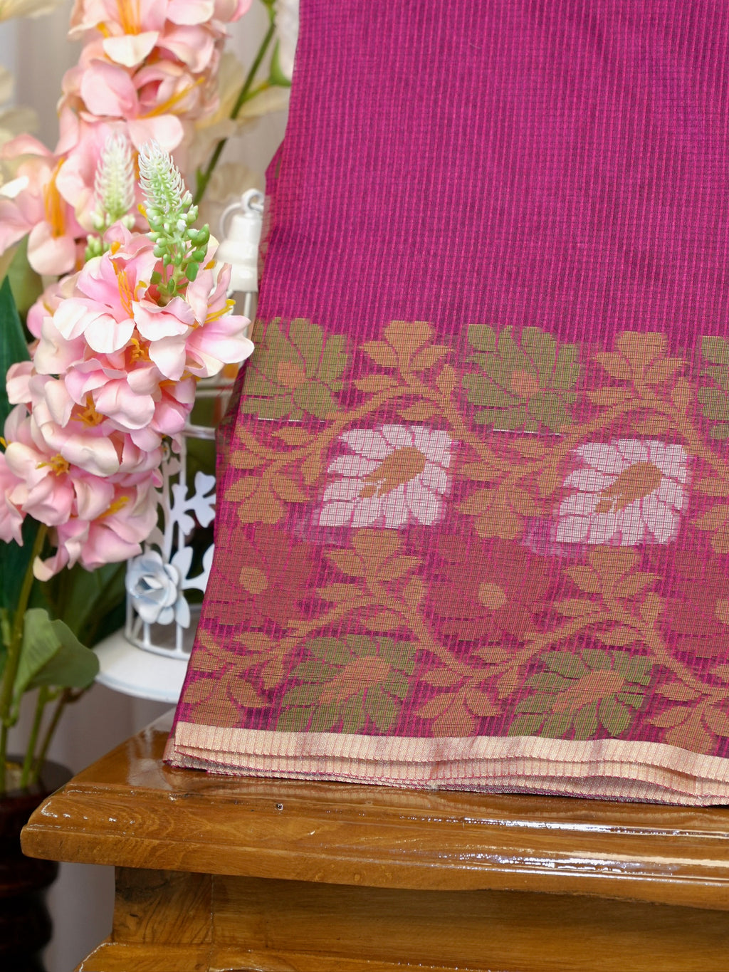 Magenta Pink Banarasi Soft Kota Silk Saree with Floral Jamdani Pallu