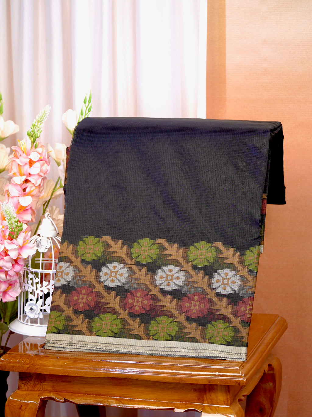 Charcoal Black Banarasi Soft Kota Silk Saree with Floral Jamdani Pallu