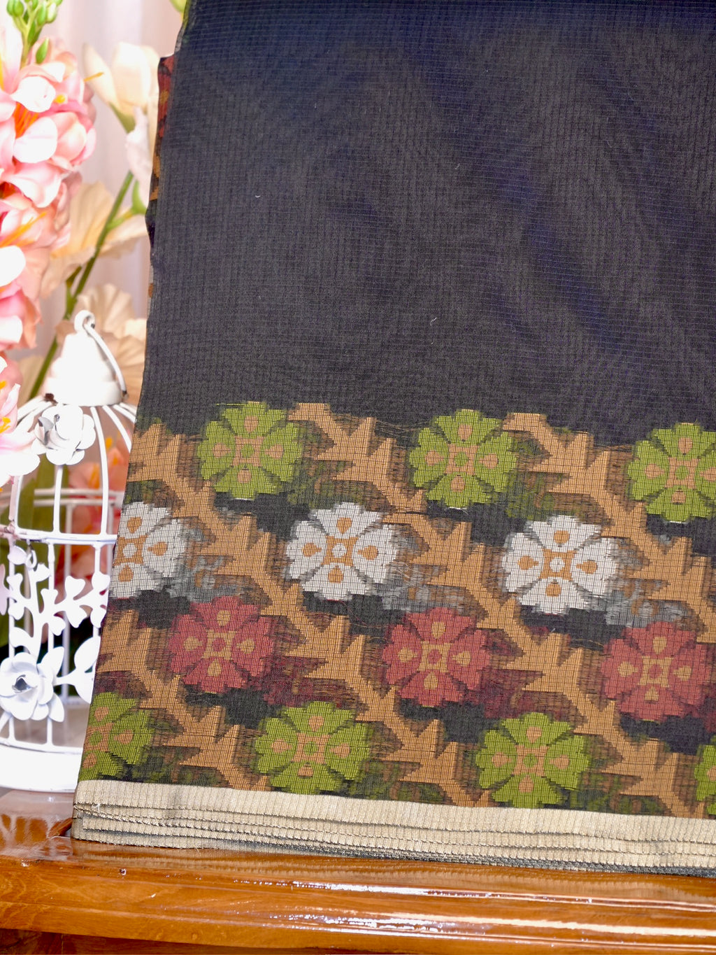 Charcoal Black Banarasi Soft Kota Silk Saree with Floral Jamdani Pallu
