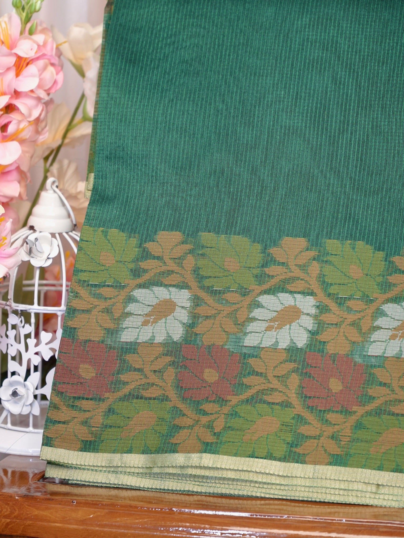 Bottle Green Banarasi Soft Kota Silk Saree with Floral Jamdani Pallu