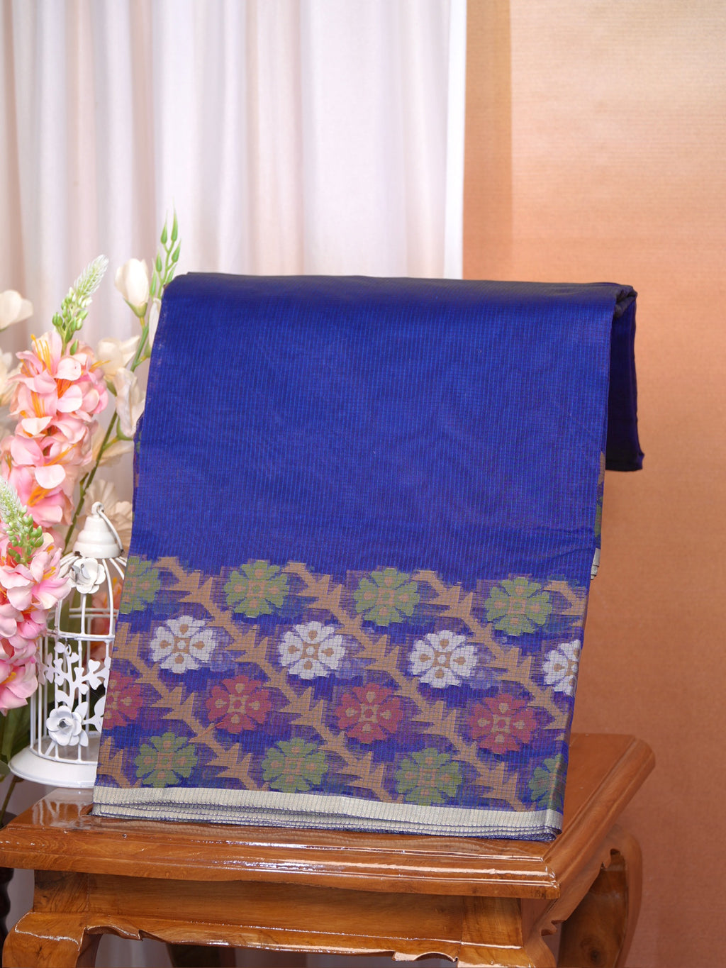 Royal Blue Banarasi Soft Kota Silk Saree with Geometric Floral Jamdani Pallu
