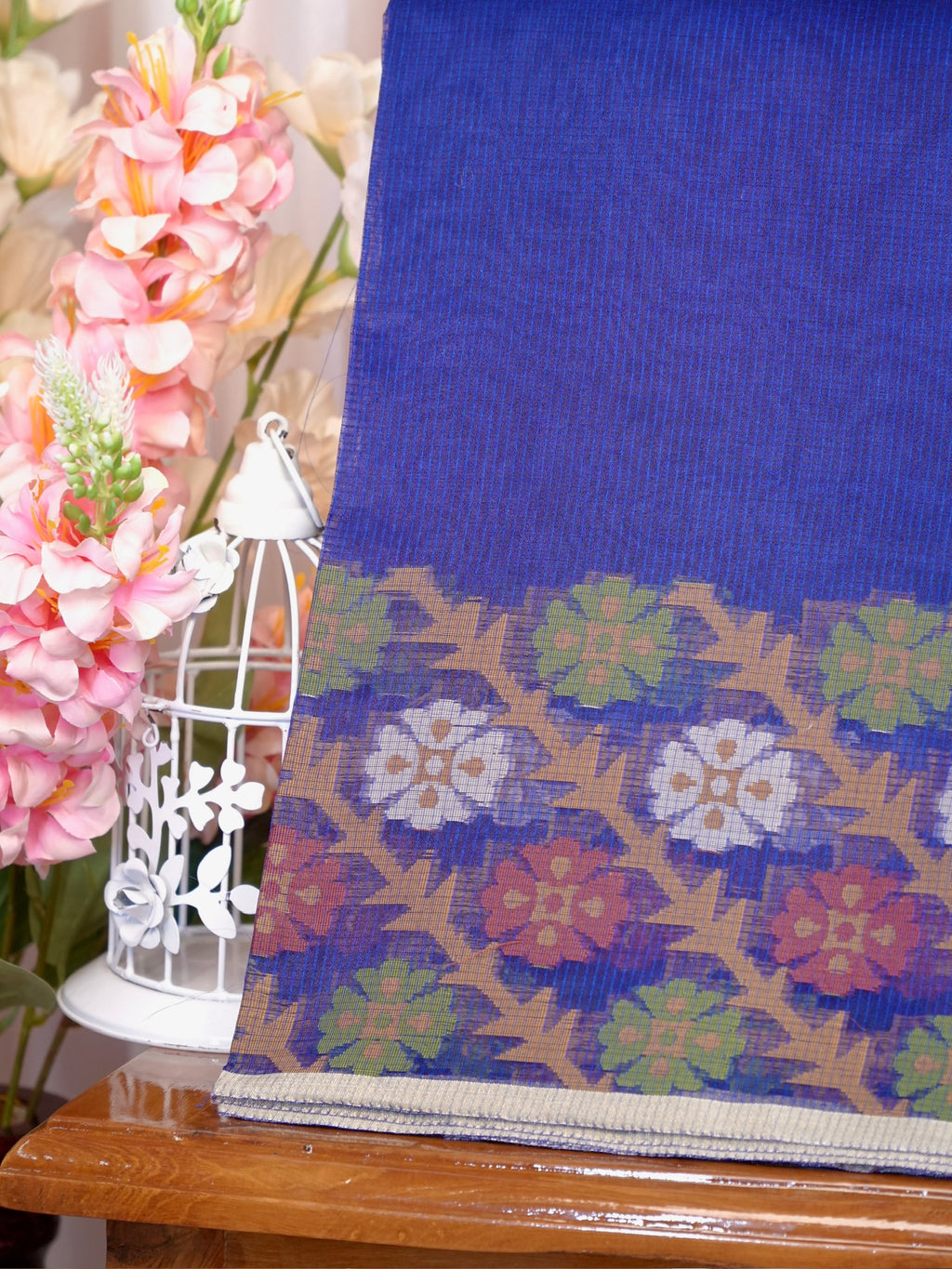 Royal Blue Banarasi Soft Kota Silk Saree with Geometric Floral Jamdani Pallu