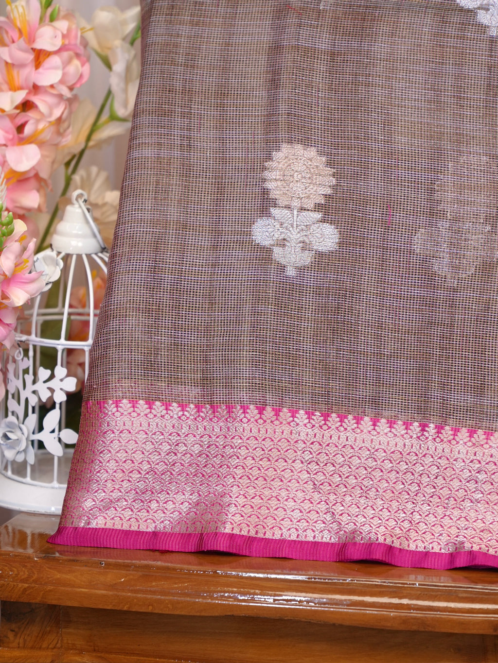 Muted Beige Taupe & Magenta Pink Banarasi Soft Kota Silk Saree with Zari Motifs
