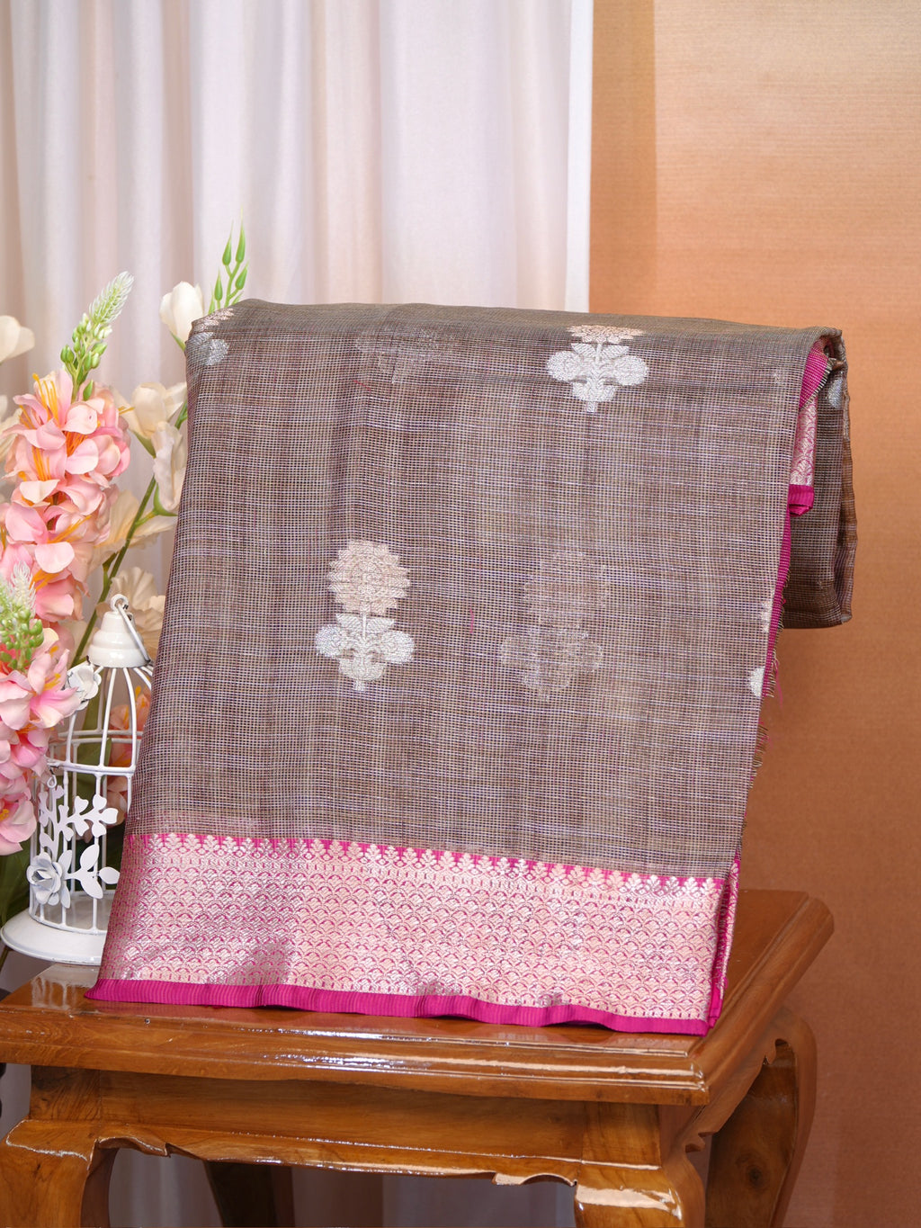 Muted Beige Taupe & Magenta Pink Banarasi Soft Kota Silk Saree with Zari Motifs