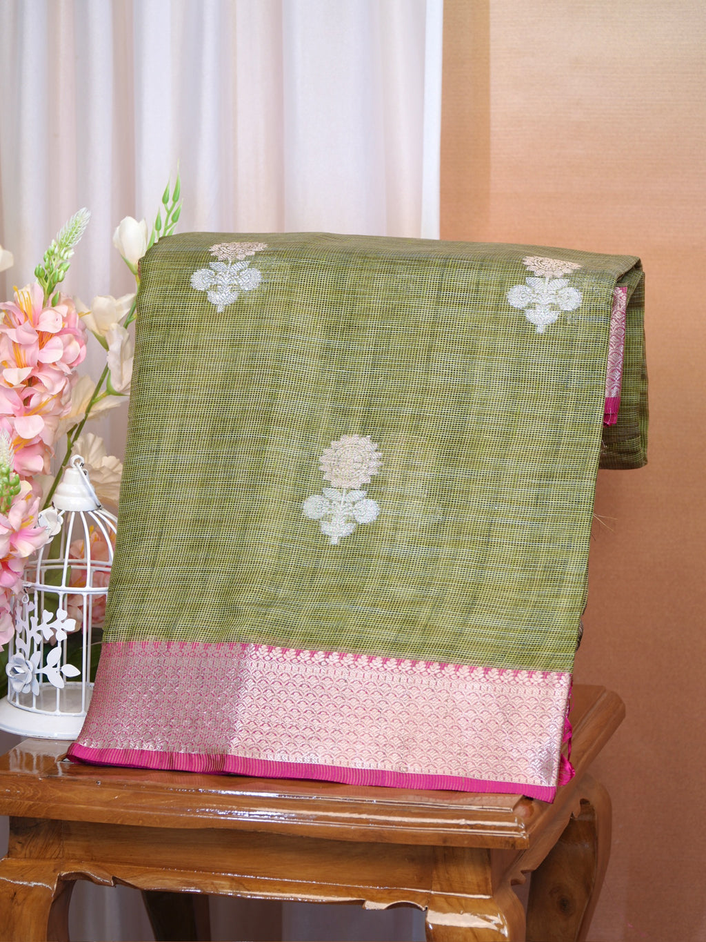 Olive Green & Rani Pink Banarasi Soft Kota Silk Saree with Silver Zari Motifs