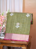 Olive Green & Rani Pink Banarasi Soft Kota Silk Saree with Silver Zari Motifs