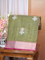 Olive Green & Rani Pink Banarasi Soft Kota Silk Saree with Silver Zari Motifs