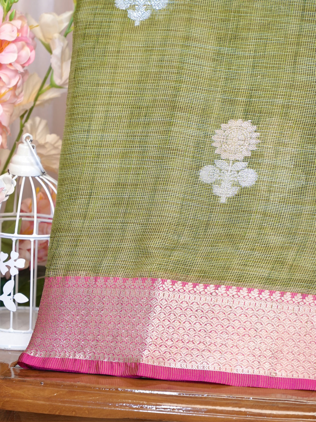 Olive Green & Rani Pink Banarasi Soft Kota Silk Saree with Silver Zari Motifs