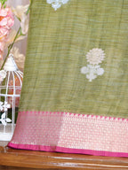 Olive Green & Rani Pink Banarasi Soft Kota Silk Saree with Silver Zari Motifs