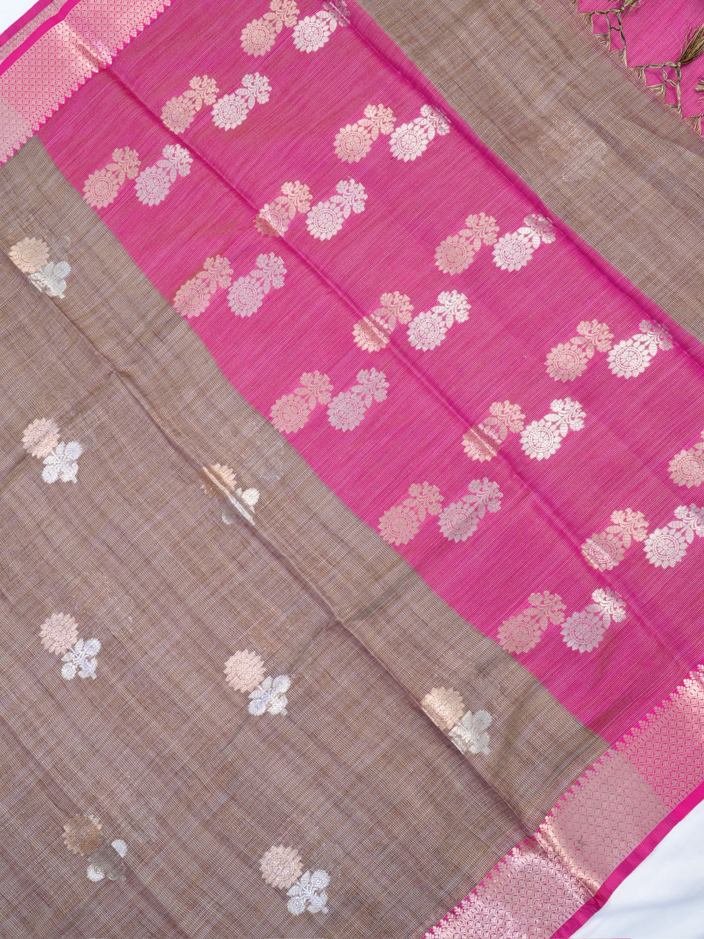 Muted Beige Taupe & Magenta Pink Banarasi Soft Kota Silk Saree with Zari Motifs