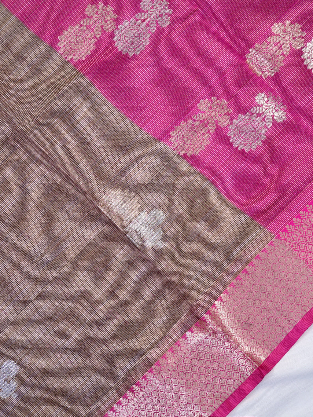 Muted Beige Taupe & Magenta Pink Banarasi Soft Kota Silk Saree with Zari Motifs