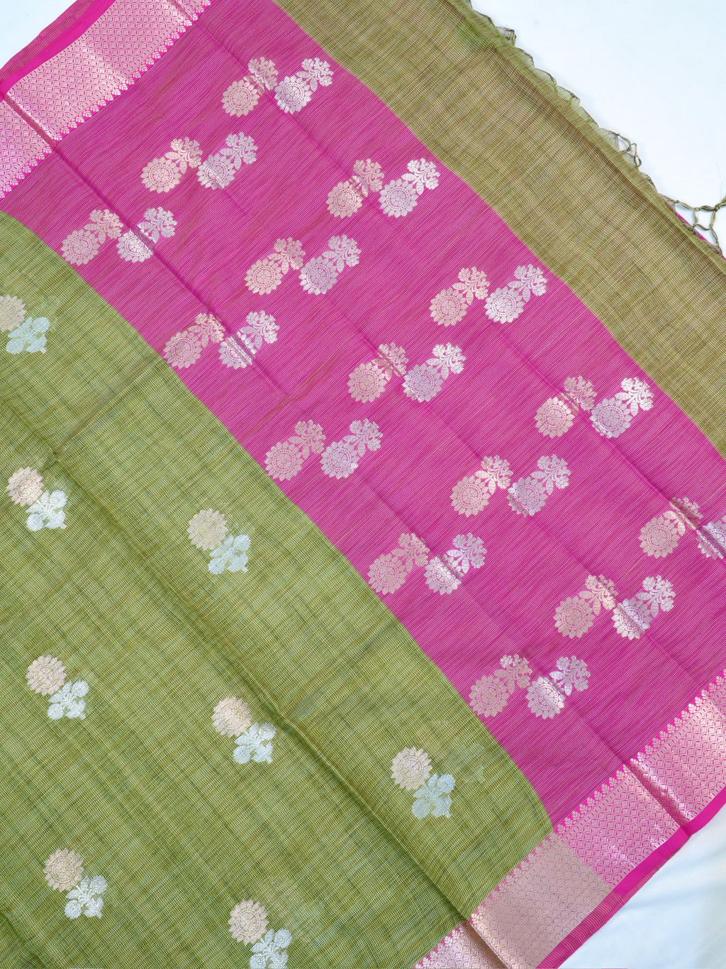 Olive Green & Rani Pink Banarasi Soft Kota Silk Saree with Silver Zari Motifs