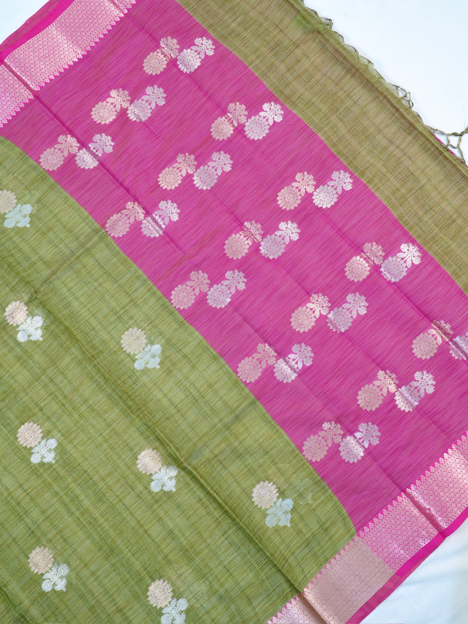 Olive Green & Rani Pink Banarasi Soft Kota Silk Saree with Silver Zari Motifs