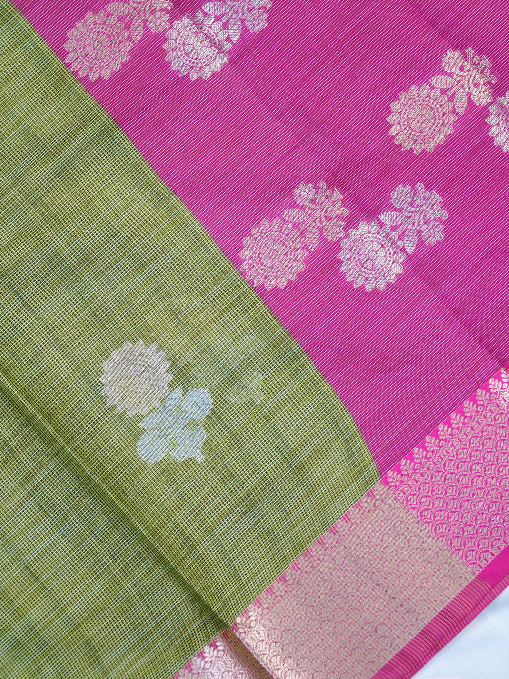 Olive Green & Rani Pink Banarasi Soft Kota Silk Saree with Silver Zari Motifs