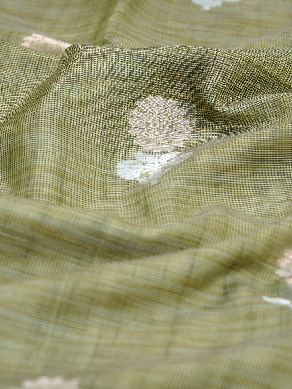 Olive Green & Rani Pink Banarasi Soft Kota Silk Saree with Silver Zari Motifs