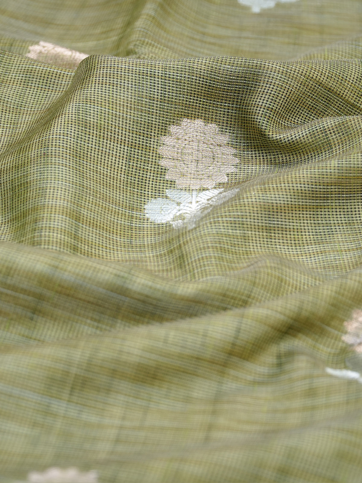 Olive Green & Rani Pink Banarasi Soft Kota Silk Saree with Silver Zari Motifs