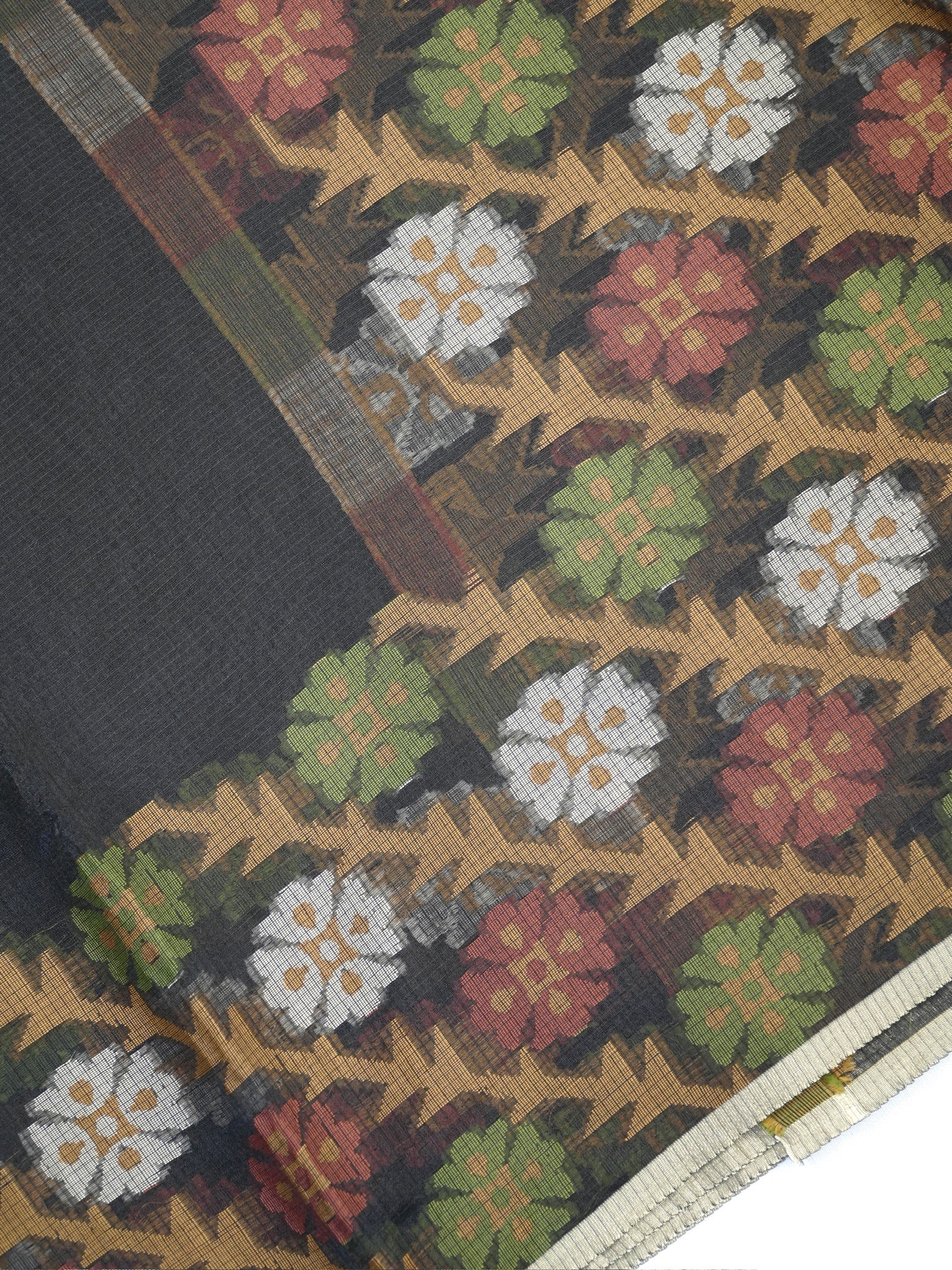 Charcoal Black Banarasi Soft Kota Silk Saree with Floral Jamdani Pallu