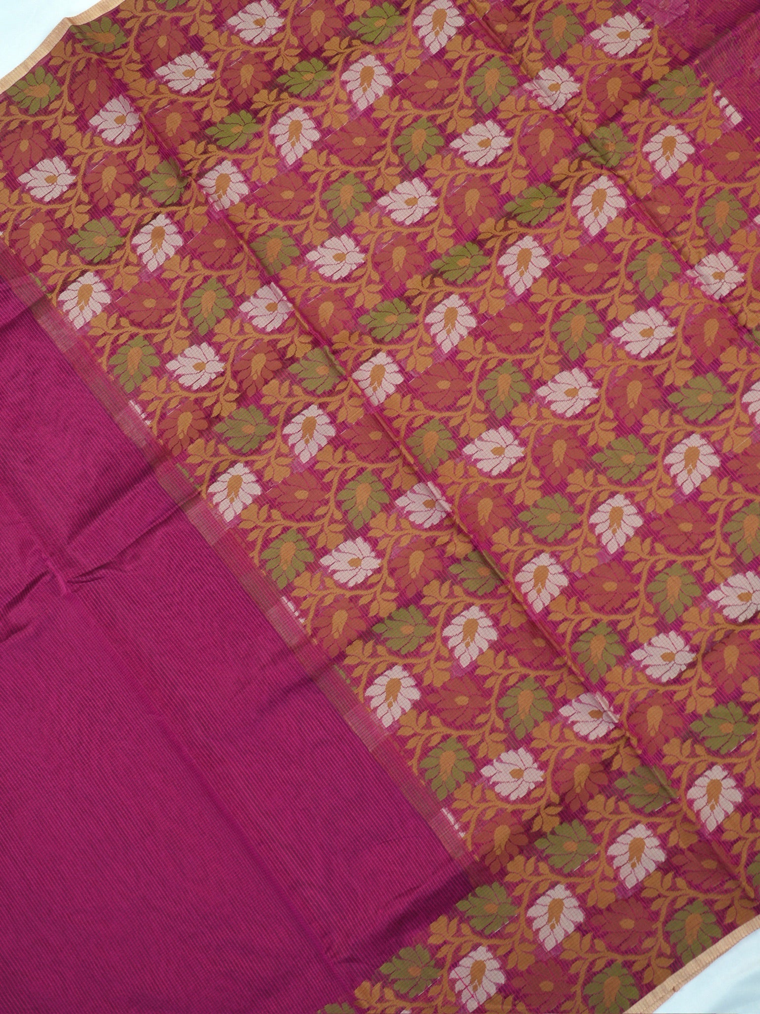 Magenta Pink Banarasi Soft Kota Silk Saree with Floral Jamdani Pallu
