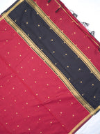 Crimson Red & Charcoal Black Banarasi Soft Cotton Silk Saree with Zari Buttis