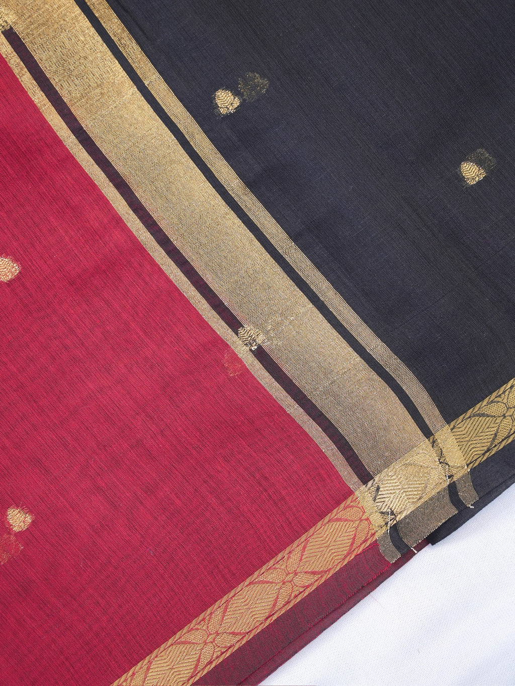 Crimson Red & Charcoal Black Banarasi Soft Cotton Silk Saree with Zari Buttis