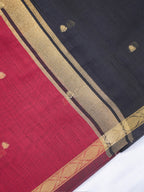 Crimson Red & Charcoal Black Banarasi Soft Cotton Silk Saree with Zari Buttis