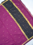 Magenta Purple & Charcoal Black Banarasi Soft Cotton Silk Saree with Zari Buttis