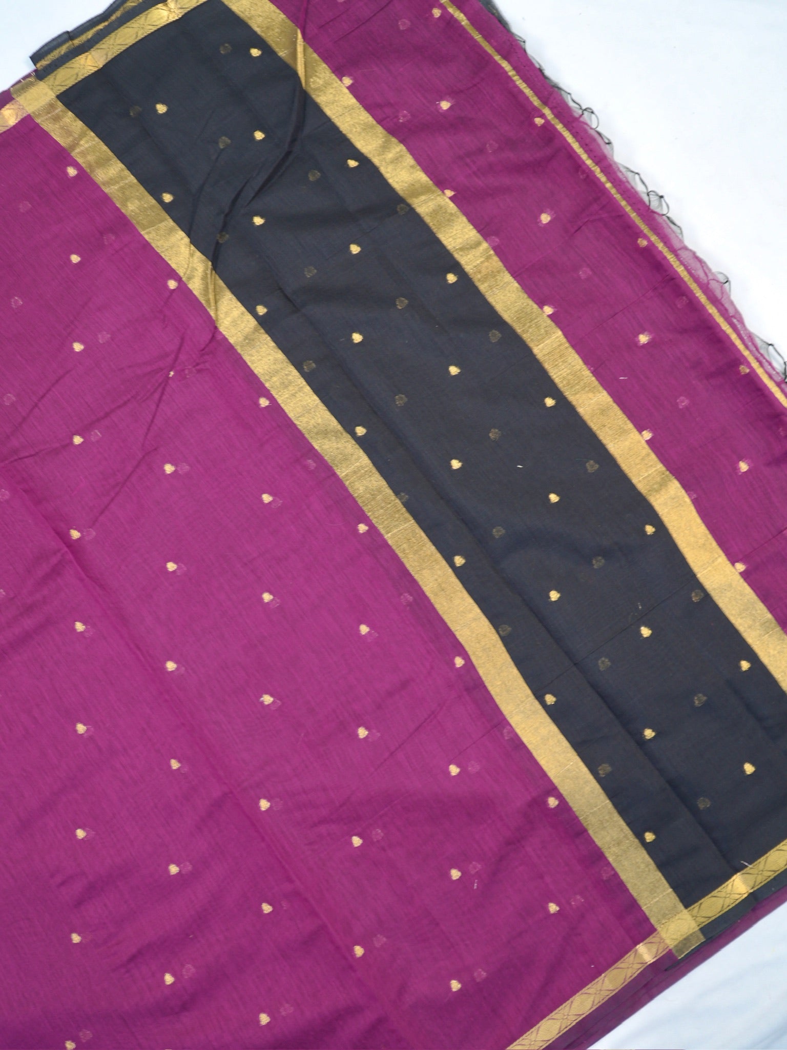 Magenta Purple & Charcoal Black Banarasi Soft Cotton Silk Saree with Zari Buttis