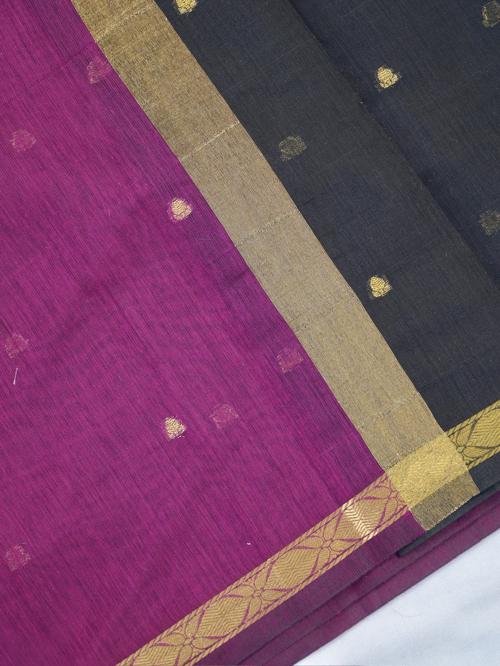 Magenta Purple & Charcoal Black Banarasi Soft Cotton Silk Saree with Zari Buttis