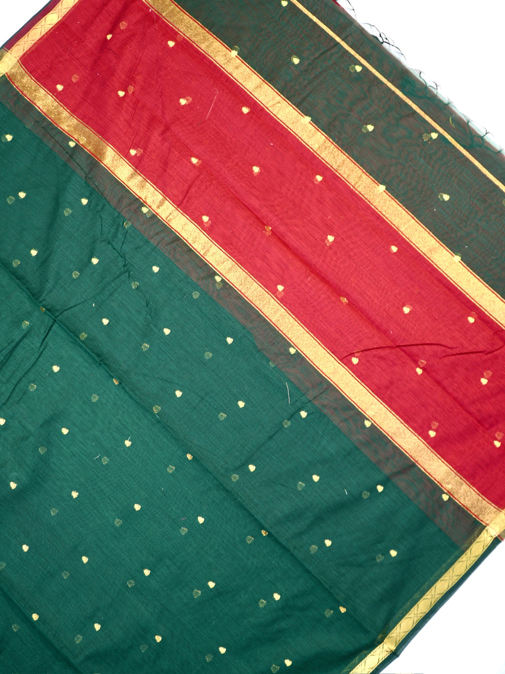 Bottle Green & Red Banarasi Soft Cotton Silk Saree with Zari Buttis