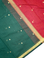 Bottle Green & Red Banarasi Soft Cotton Silk Saree with Zari Buttis