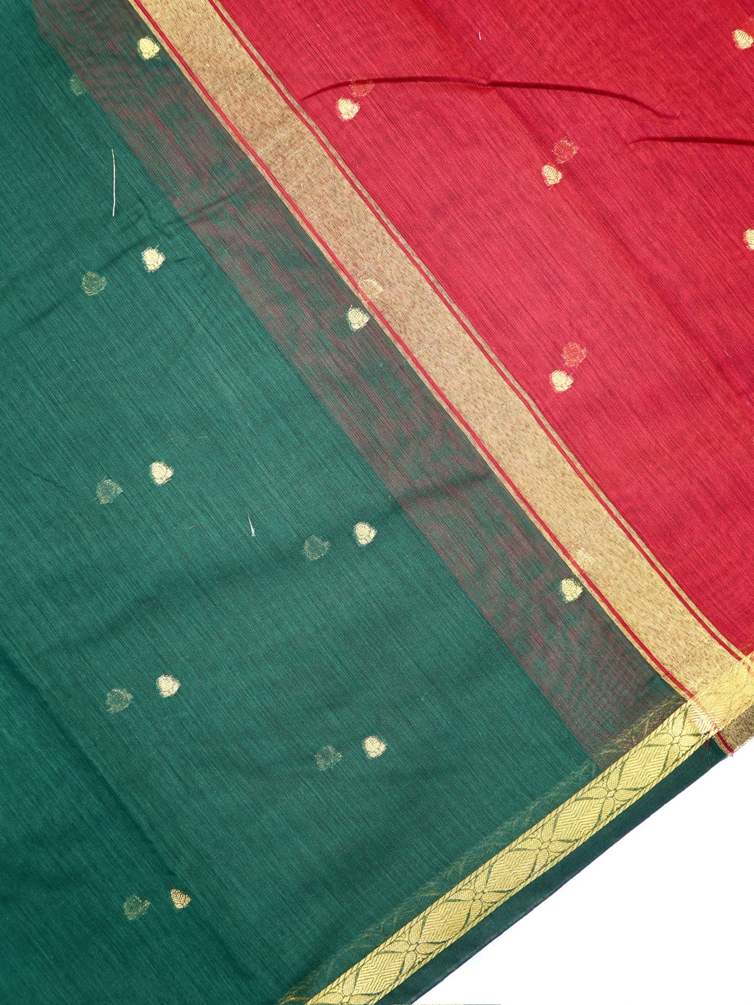 Bottle Green & Red Banarasi Soft Cotton Silk Saree with Zari Buttis