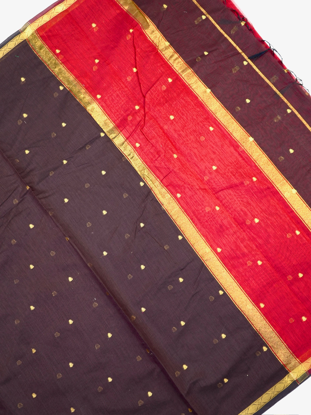 Dark Chocolate Brown & Red Banarasi Soft Cotton Silk Saree with Zari Buttis