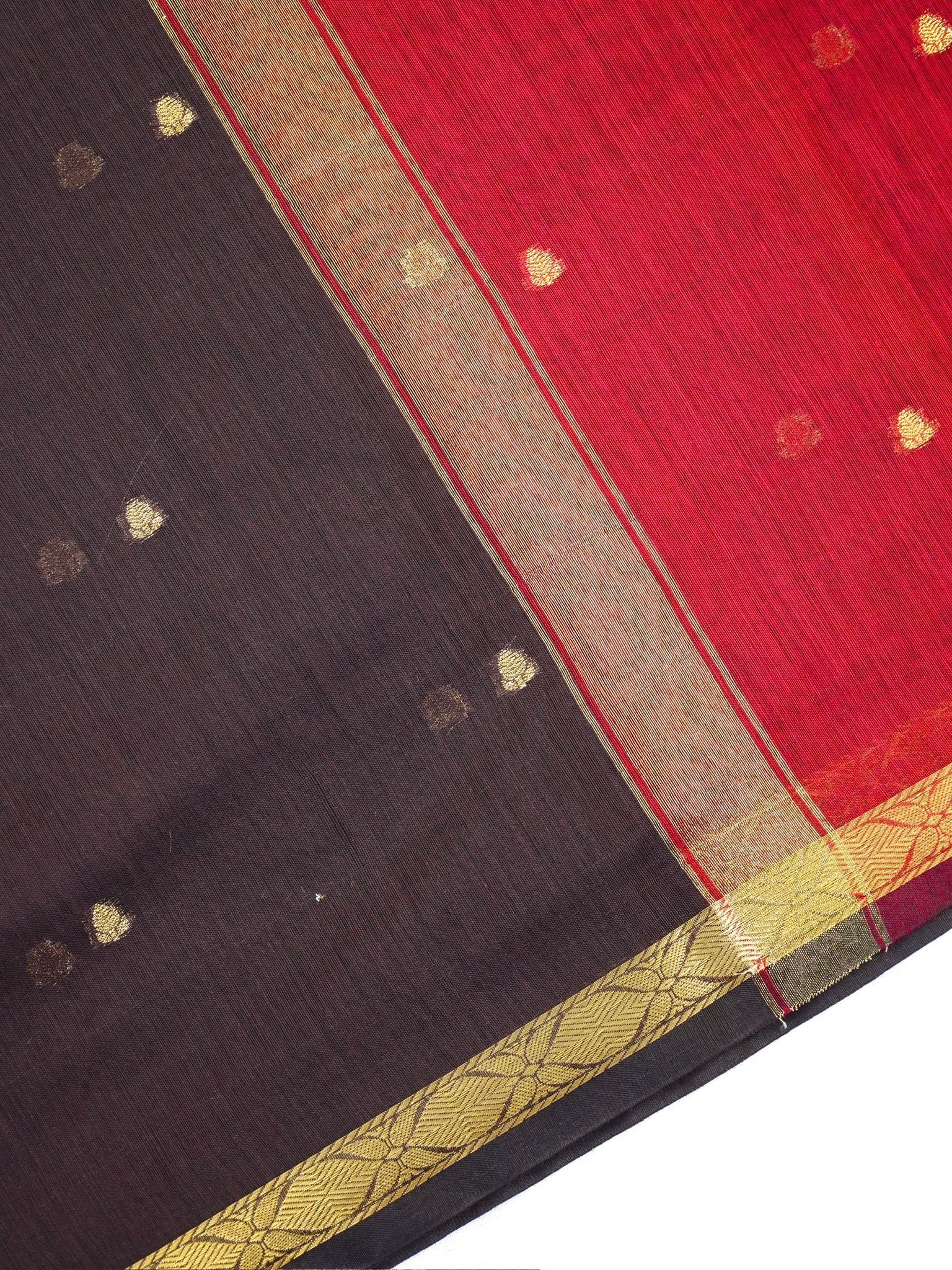Dark Chocolate Brown & Red Banarasi Soft Cotton Silk Saree with Zari Buttis