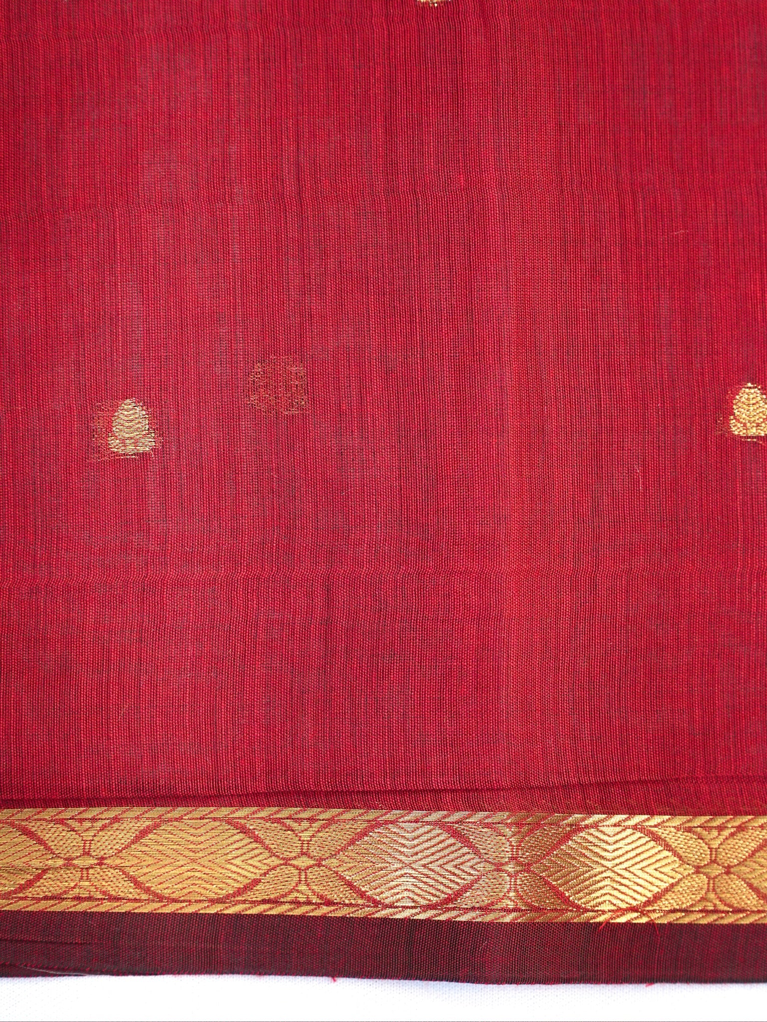Dark Chocolate Brown & Red Banarasi Soft Cotton Silk Saree with Zari Buttis