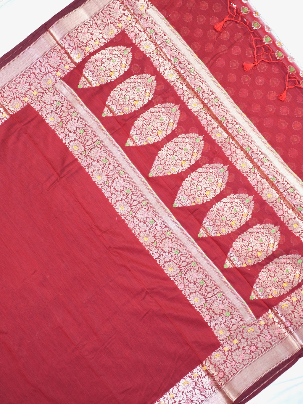 Maroon Crimson Banarasi Soft Silk Saree with Meenakari Zari Weaving