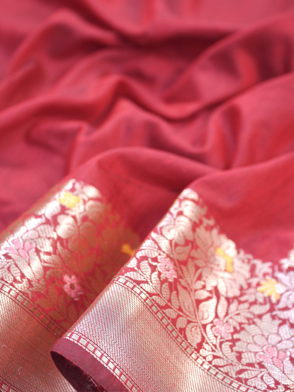 Maroon Crimson Banarasi Soft Silk Saree with Meenakari Zari Weaving