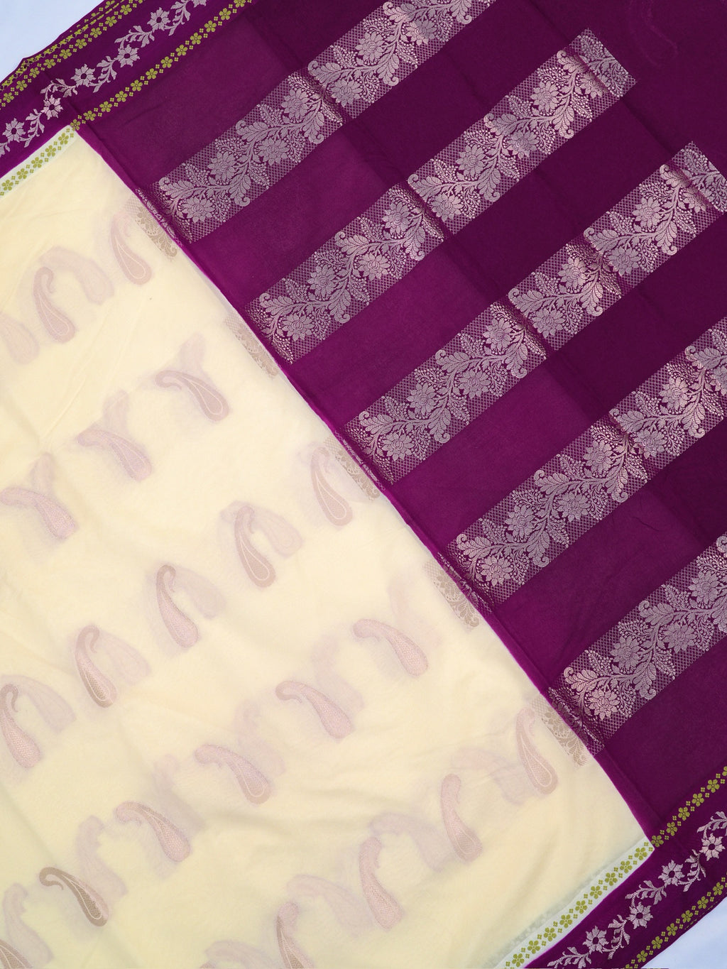 Off-White & Deep Plum Woven Paisley Banarasi Soft Silk Saree