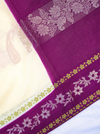 Off-White & Deep Plum Woven Paisley Banarasi Soft Silk Saree