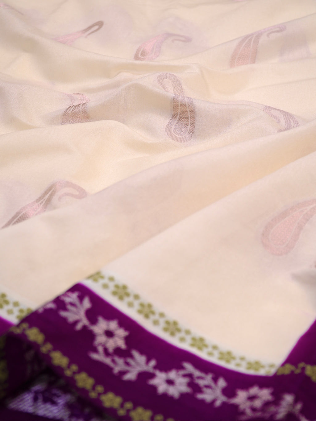 Off-White & Deep Plum Woven Paisley Banarasi Soft Silk Saree