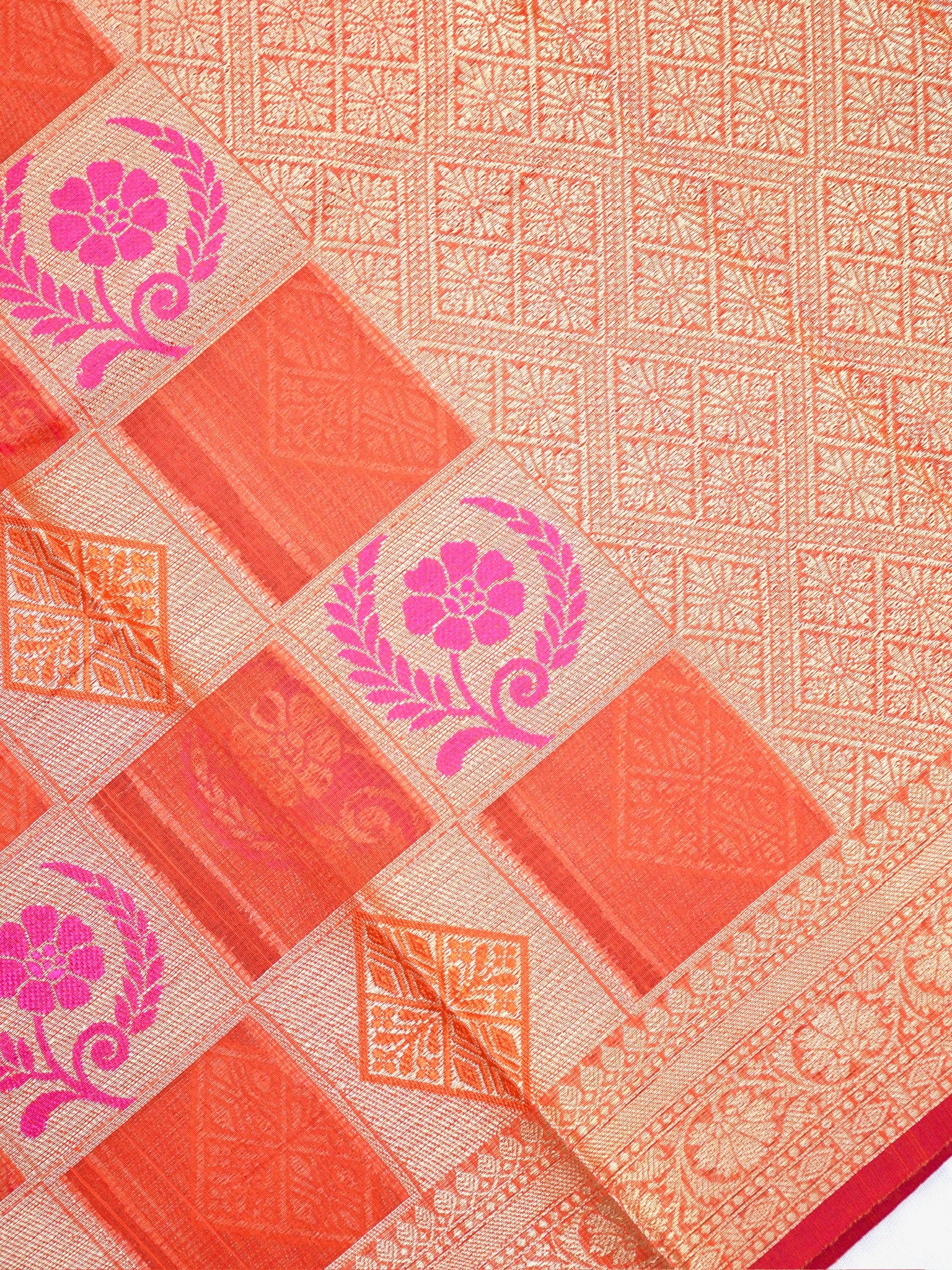 Orange Banarasi Soft Kota Silk Saree with Geometric &amp; Floral Weave