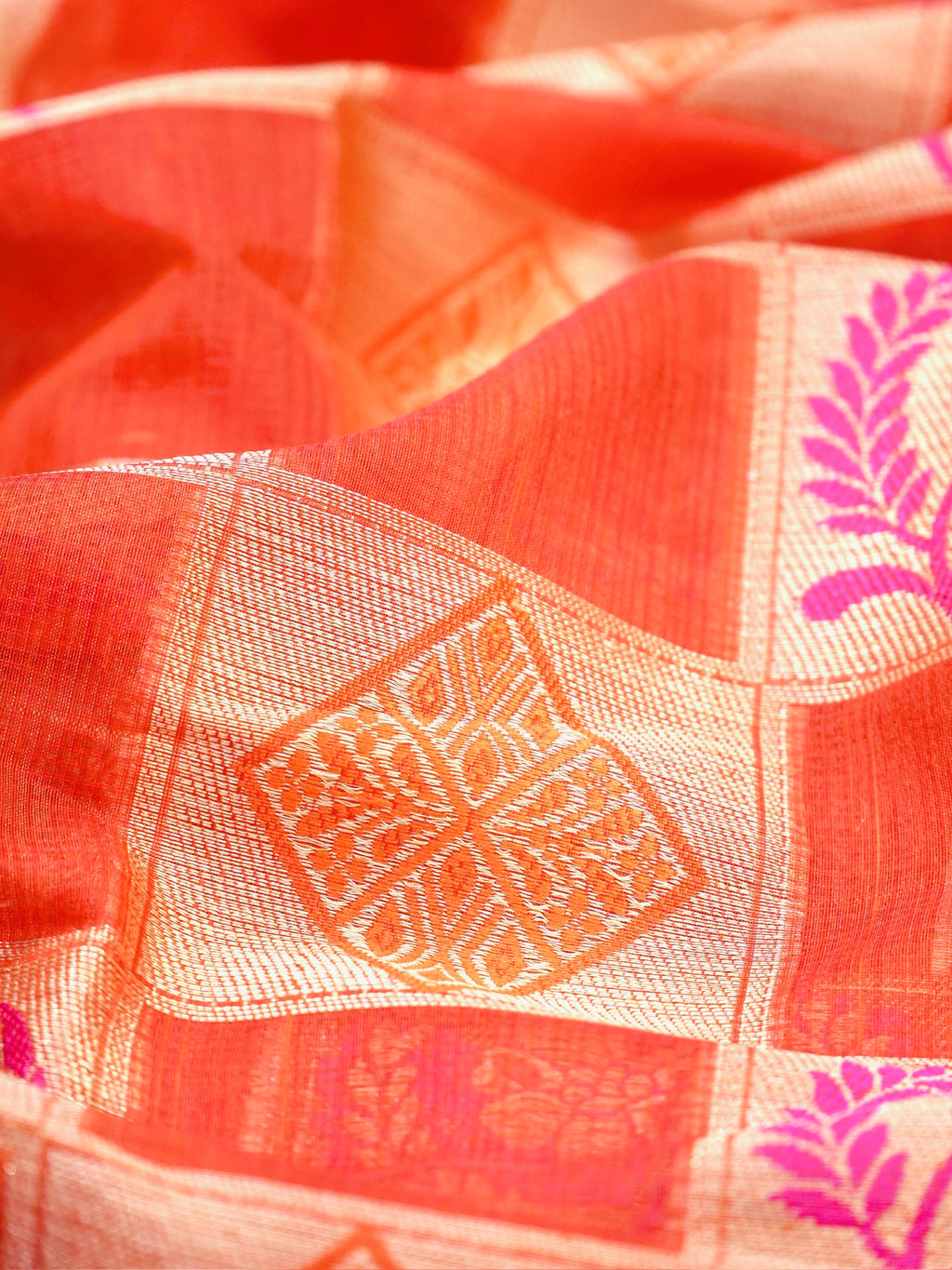 Orange Banarasi Soft Kota Silk Saree with Geometric &amp; Floral Weave