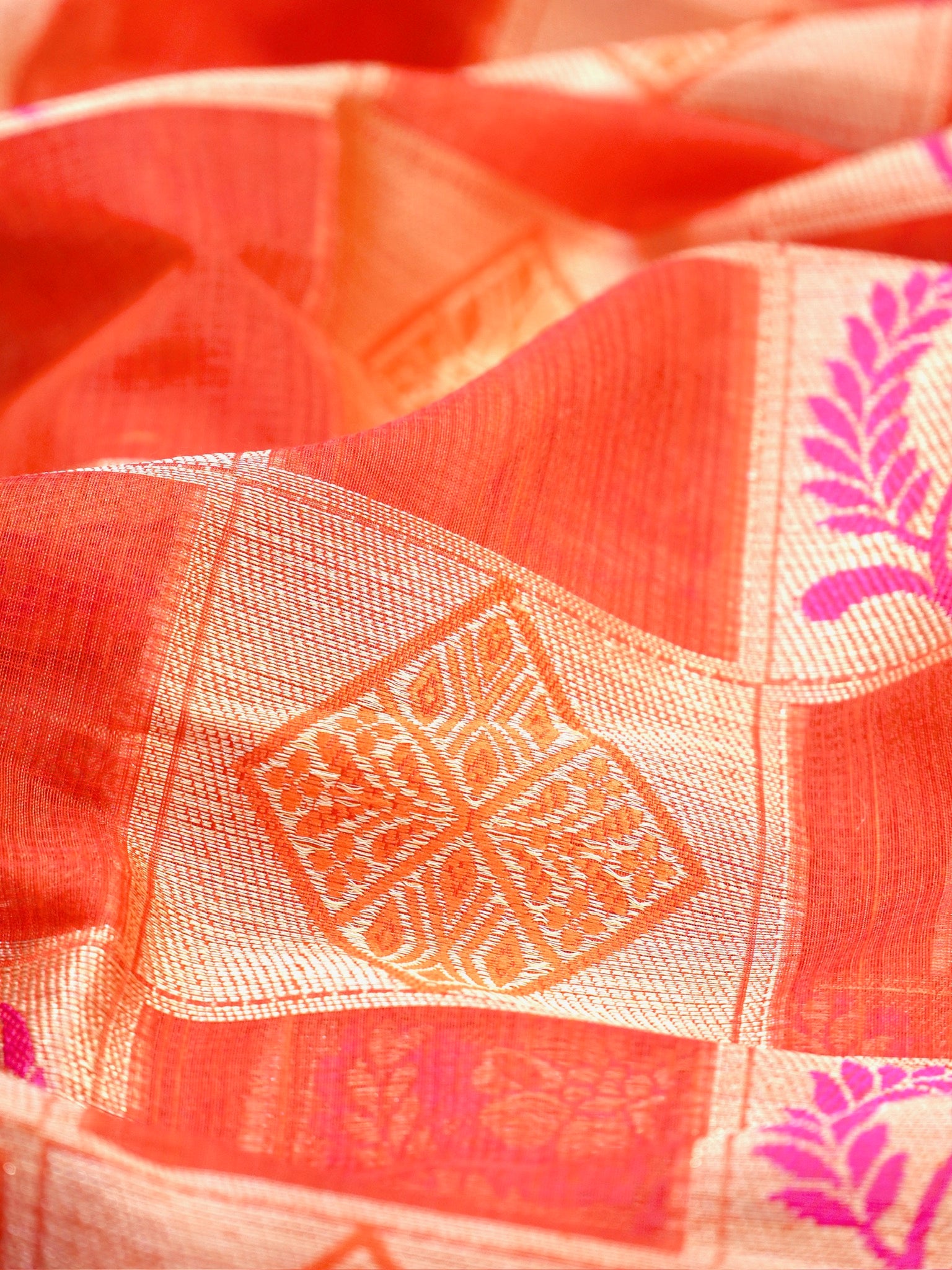 Orange Banarasi Soft Kota Silk Saree with Geometric &amp; Floral Weave