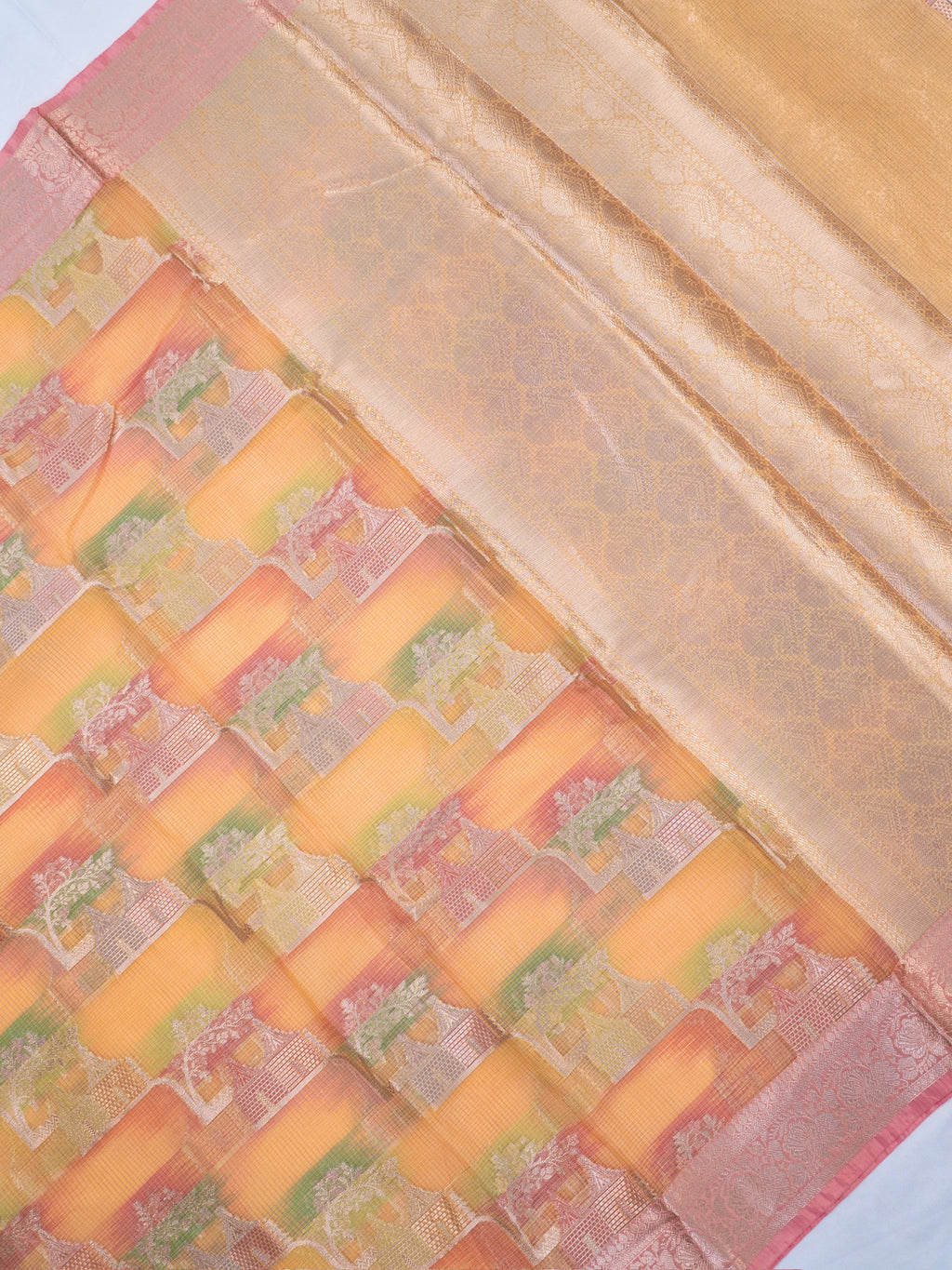 Multicolor Pastels Banarasi Soft Organza Silk Saree with Village Landscape Zari Weave