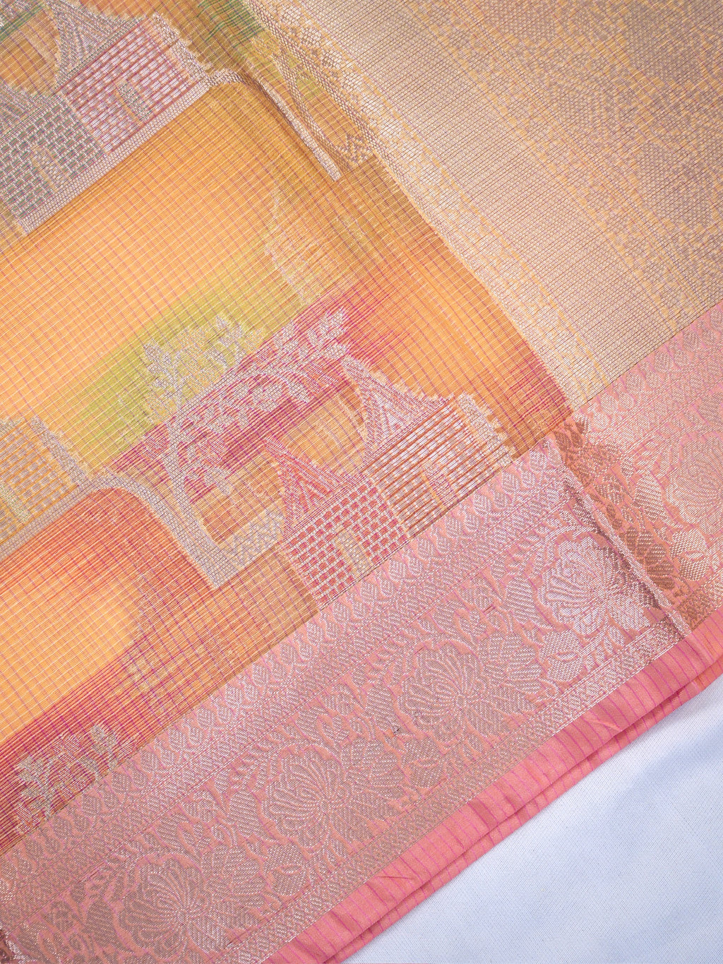 Multicolor Pastels Banarasi Soft Organza Silk Saree with Village Landscape Zari Weave