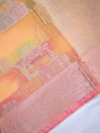 Multicolor Pastels Banarasi Soft Organza Silk Saree with Village Landscape Zari Weave