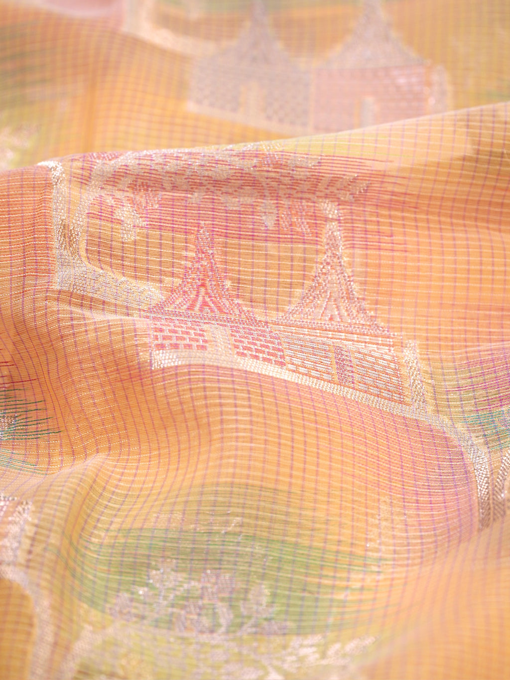 Multicolor Pastels Banarasi Soft Organza Silk Saree with Village Landscape Zari Weave