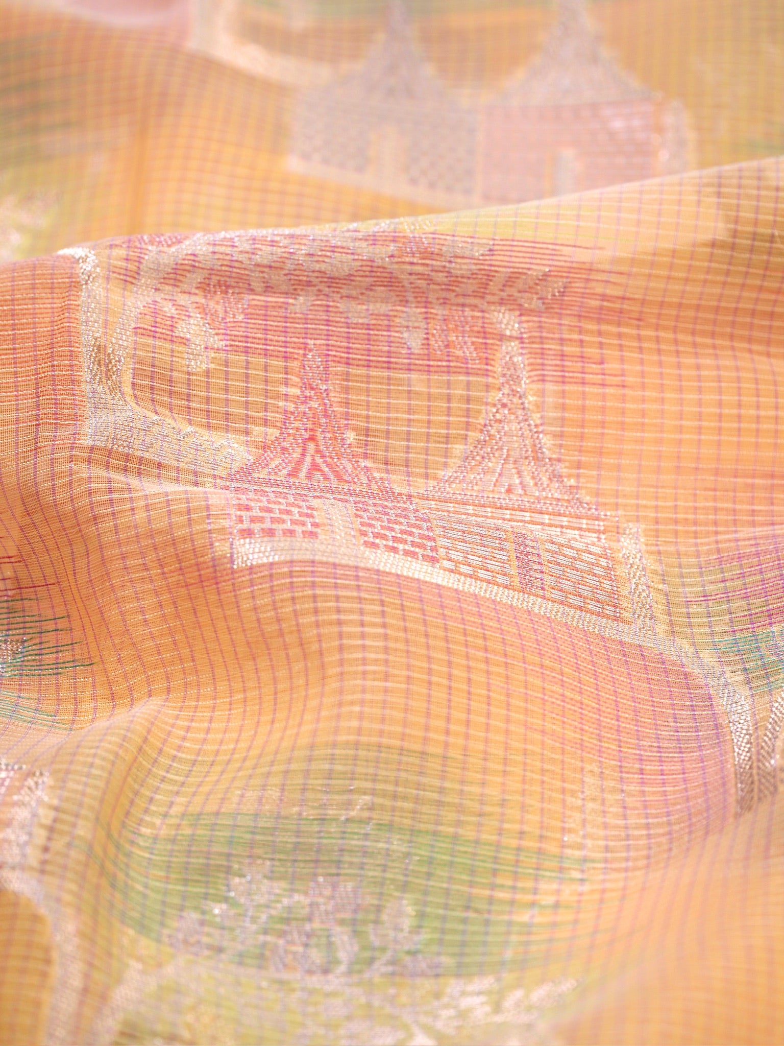 Multicolor Pastels Banarasi Soft Organza Silk Saree with Village Landscape Zari Weave