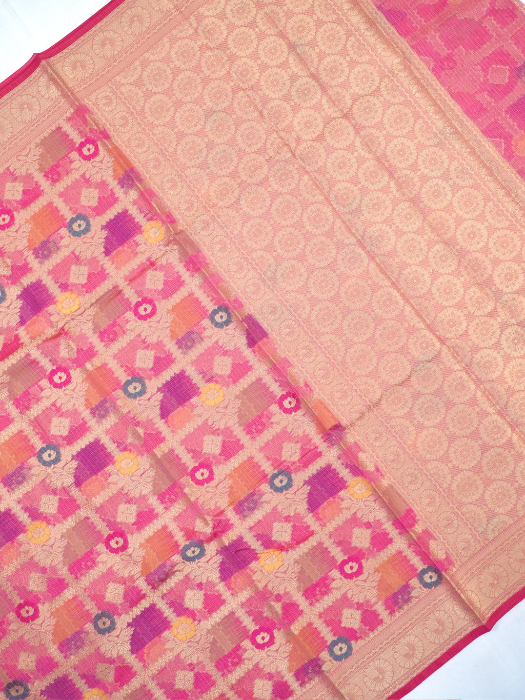 Rani Pink Banarasi Soft Kota Silk Saree with Geometric Check &amp; Floral Meenakari Weave