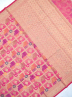 Rani Pink Banarasi Soft Kota Silk Saree with Geometric Check &amp; Floral Meenakari Weave